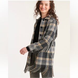 NWT Pendleton Grey Plaid Jolene Wool Fringed Shirt Jacket / Medium